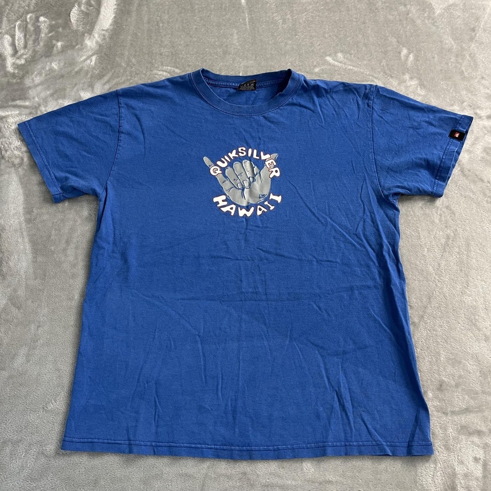 Quiksilver Shirt Mens Medium Blue Hawaii Shaka Logo Graphic Surf Beach Tee Y2K